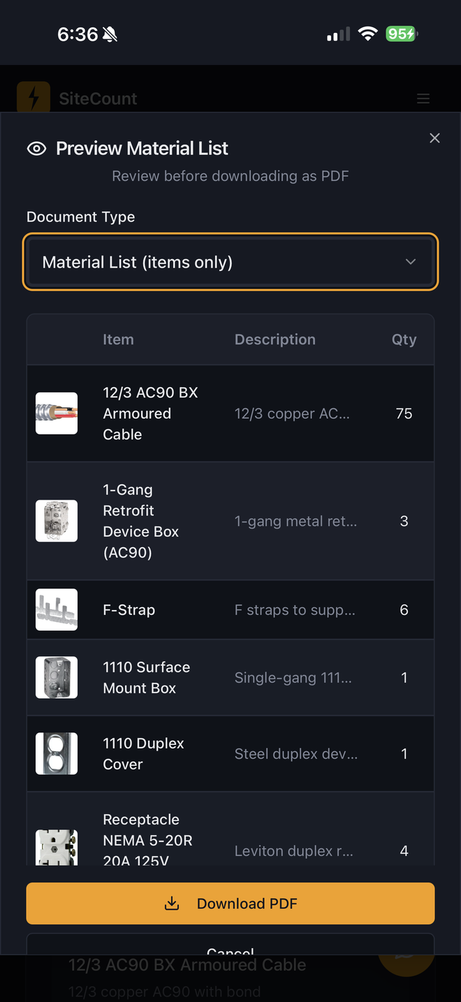 SiteCount material list preview on iPhone